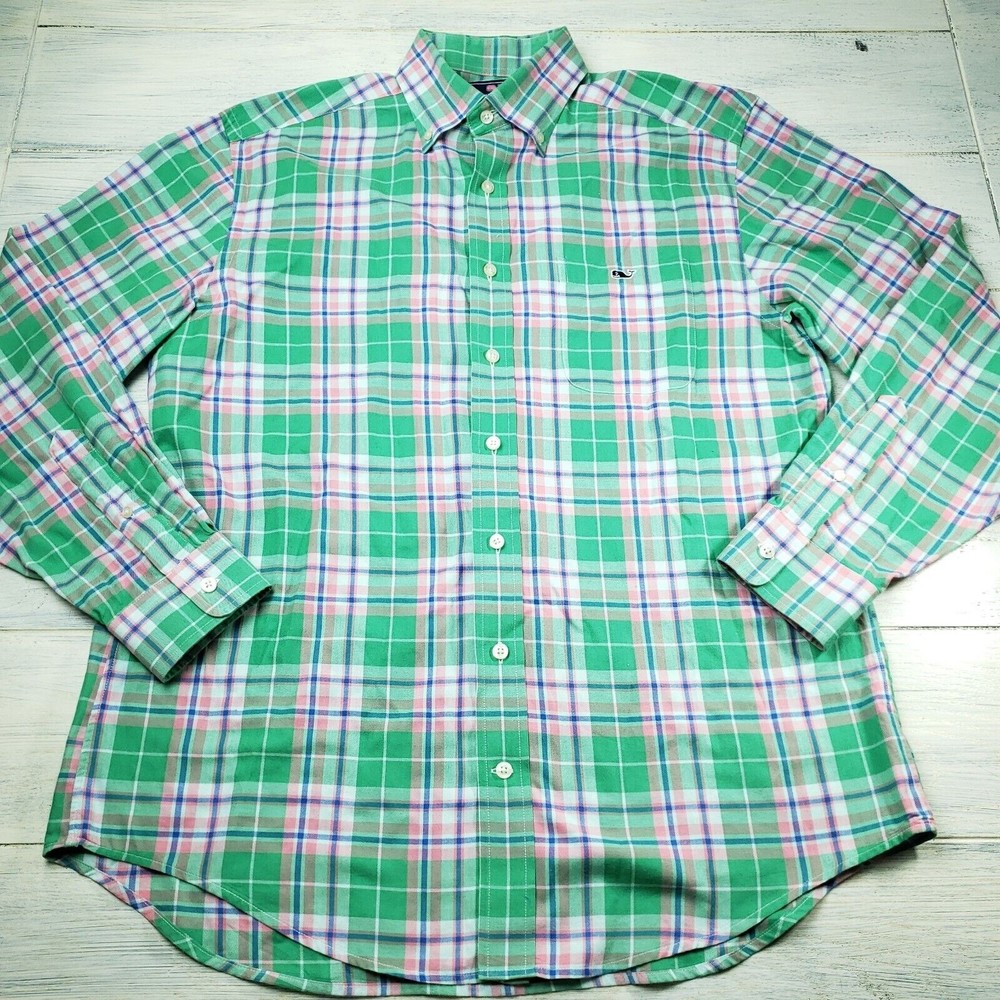 Vineyard Vines Button Down Tucker Shirt Long Sleeve Mens Medium Pink Green